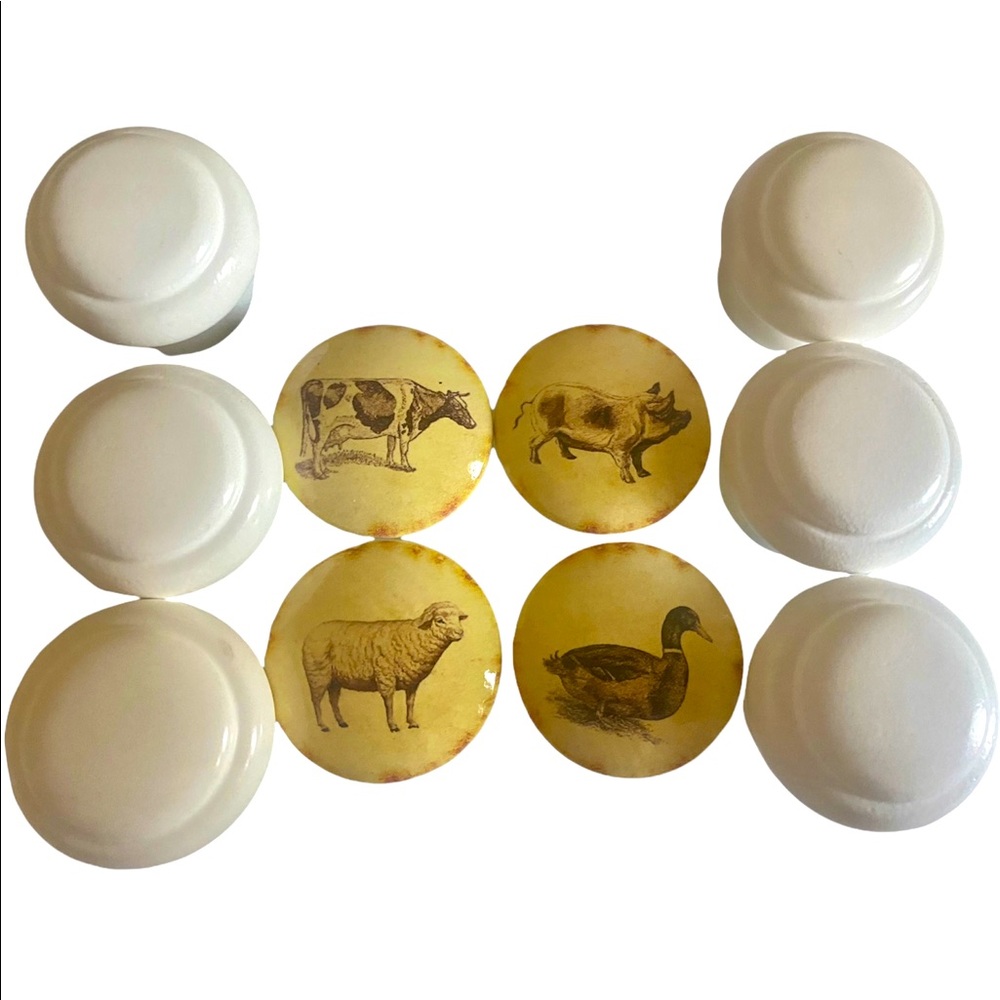 4 farm animal and 6 white wooden vintage drawer knobs
